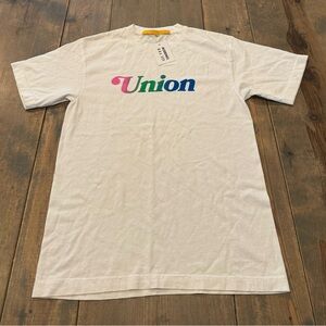 NWT Union Los Angeles Men’s Short Sleeve White Spell Out Logo Crewneck T-Shirt 1